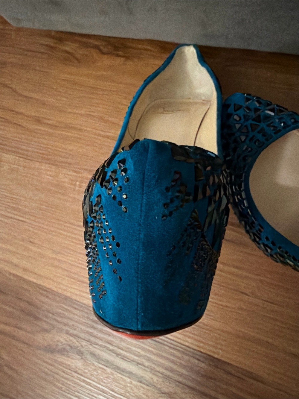 Christian Louboutin Decora Strass Teal Blue Suede Crystal Platform Pumps 38 - Picture 10 of 13